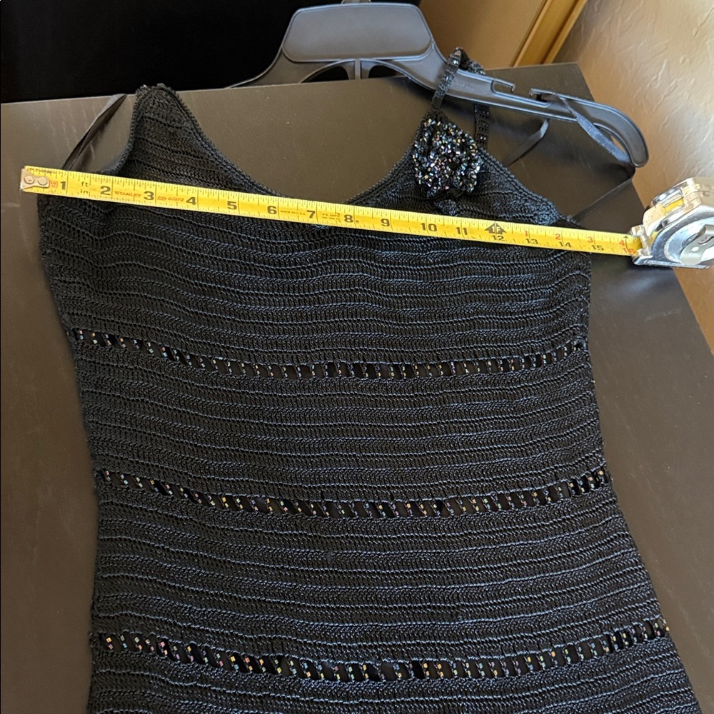 Vintage Caché Black Crochet Beaded Dress Sz 8 Whimsigoth Y2K Asymmetrical Midi - Picture 10 of 17
